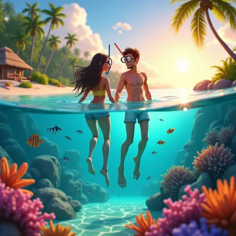 Create a Pixar-style 3D scene of a couple exploring a lush tropical island. The couple, dressed in casual summer attire, is snorkeling in crystal-clear waters with colorful fish and coral reefs around them. In the background, show a pristine beach with pal...