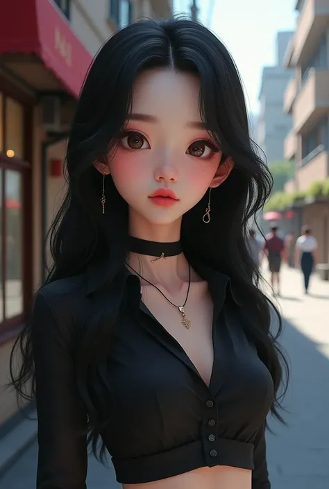 1 girl, Youngh, 15year old, Asian, White as the snow, beautiful long black hair, small and beautiful forehead, symmetrical eyebrows, wide slanted eyes, striking look, long, curved eyelashes, aegyo sal, cute cheeks and little pink, mole on the cheek, small ...