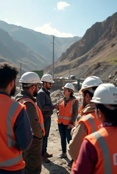 Make an image of an intern and an engineer from the municipality of Santiago de Chuco from the solid waste area training the work staff at the municipal dump of Santiago de Chuco 