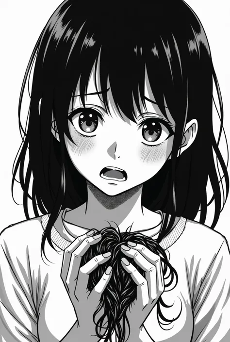 A teenager who discovers she has cancer with hair in her hand and crying in the form of a black and white manga