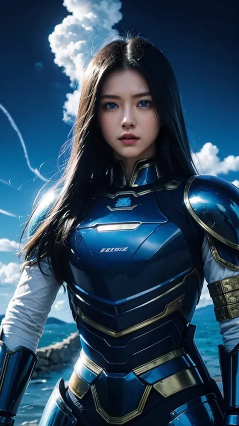 Blue long hair、Blue Eyes、Mechanical armor with white and yellow lines、cumulonimbus、On the dragon&#39;s back、Open sea、Blue Flame、High resolution, masterpiece, accurate, Anatomically correct, Winner of numerous awards, 最高quality, Damaged, detail, High-resolu...