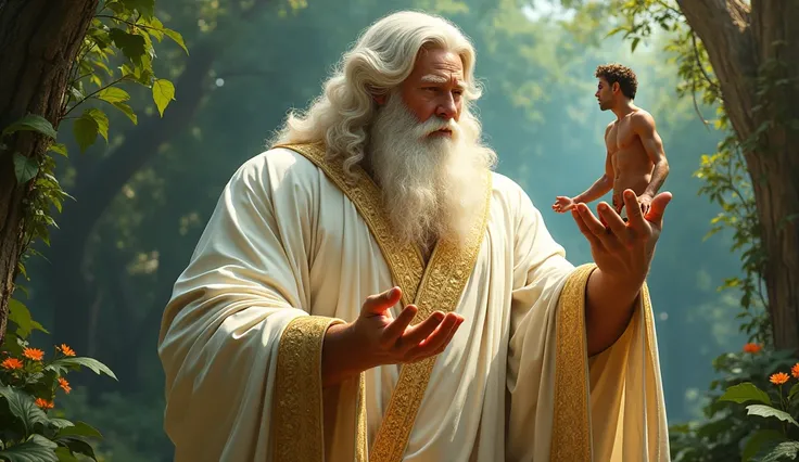 16k, 32k, UHD, masterpiece, best quality, upper body, God, who is super vast and gigantic, wearing white and shimmery gold robe, long white hair, white beard, holding Adam in his hand. God is super Gigantic and Adam is as small as Gods little finger. God p...