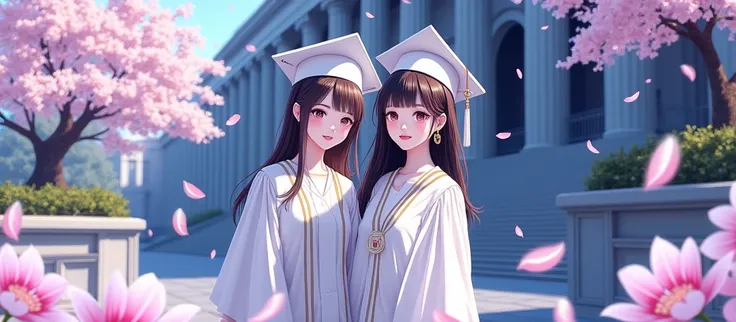 academic gown, academic robe, mortarboard, square cap, university campus, buildings, cherry blossoms, smiling, 2girls, detailed uniform, look at viewer, (SIGMA 85mm f1.4), depth of field, bokeh,  detailed photorealistic background, diffused natural sunligh...