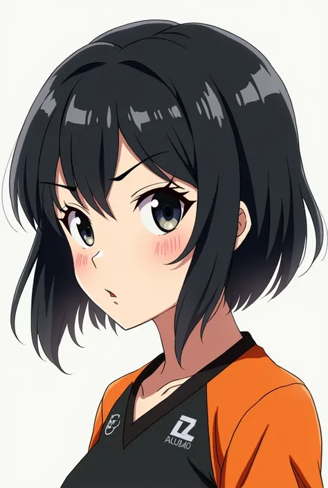 A girl with black hair, black eyes and white skin in the haikyuu style similar to Tobio Kageyama and wearing the Karasuno uniform (Profile photo looking straight ahead)