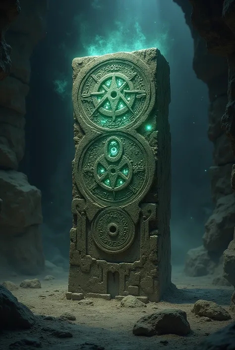 Illustrate an old, weathered artifact that exudes a sense of ancient power, such as a stone tablet or an intricately carved amulet. The relic should have mysterious runes or symbols etched into its surface, glowing faintly with a mystical light. The backgr...