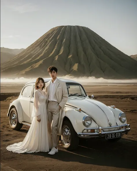 A Korean woman with long hair in a flowing white dress, standing next to her a Korean man with short curly hair wearing a white coat, standing next to a classic cream colored Volkswagen car parked in front of the majestic Mount Bromo. posing near a classic...