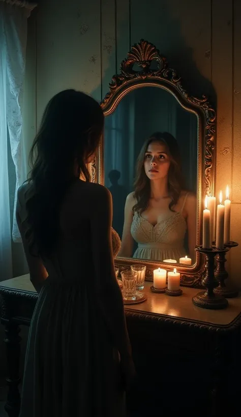 A woman looking in the mirror someone appears behind her dark scary dark environment with candles