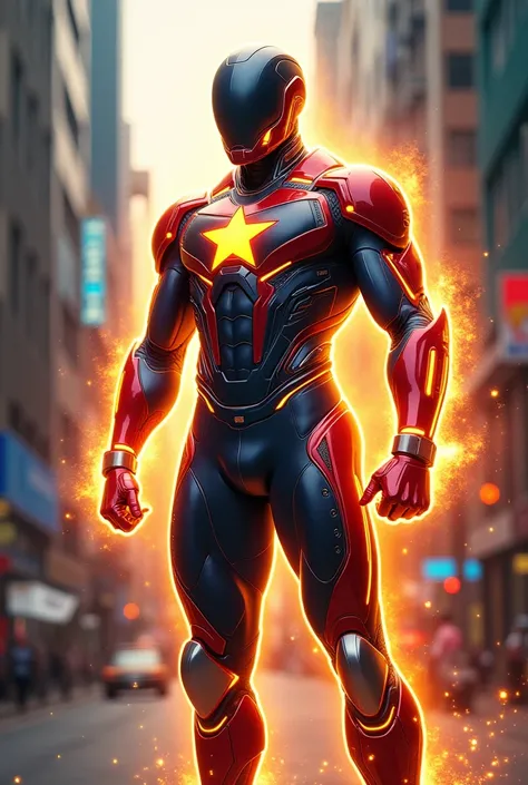 Male,Malaysia Superhero,suit teknology,100000 aura,with helmet mask,the suit have red,white and blue and have star chest yellow 

