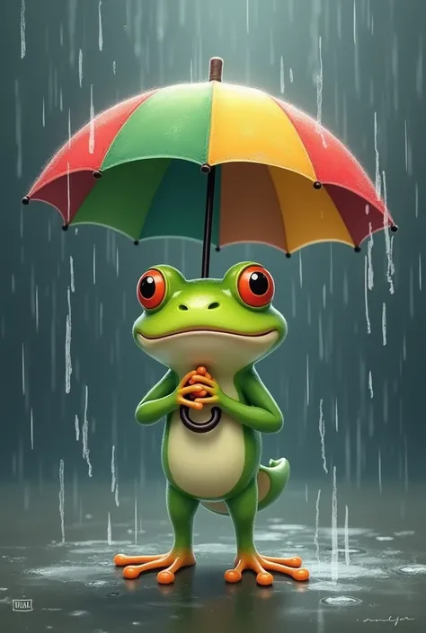 Frog holding an umbrella in the heavy rain