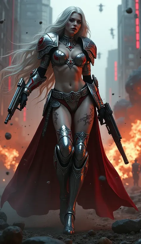 Full body pose sexy sisters of battle from the warhammer 40k, shooting at the enemy, red space marine armor with intricate details, white space marine armor with intricate details, symbols on the armor, sisters of battle, warhammer 40k, Massive exposed sil...