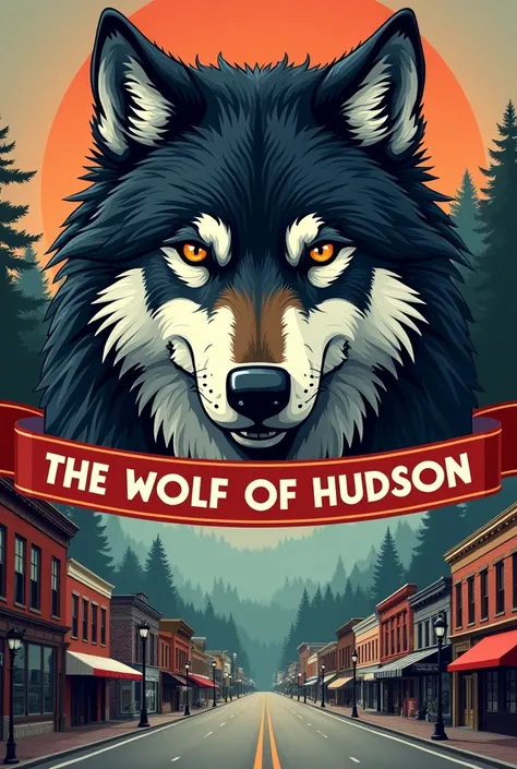 A simple (netter) Wolf&#39;s head directly below a front view of the small town of Hudson NY with a banner reading &quot;The Wolf of Hudson&quot;