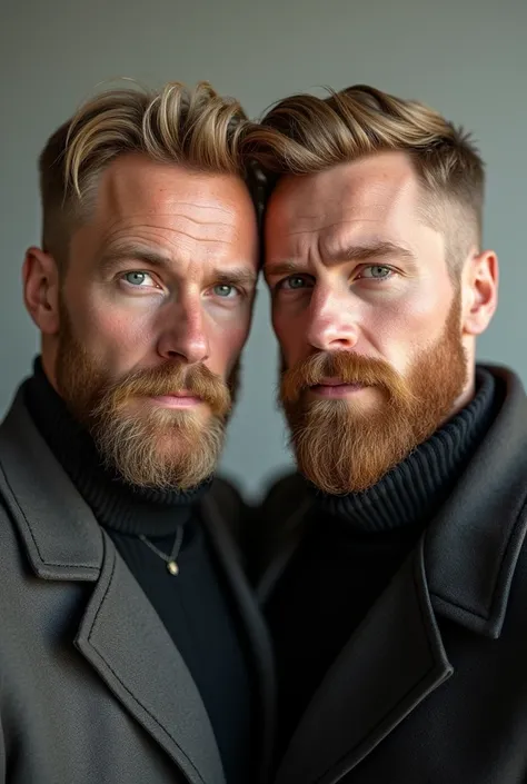 2 German man with blond hair, light grey eyes, oval face and beard 