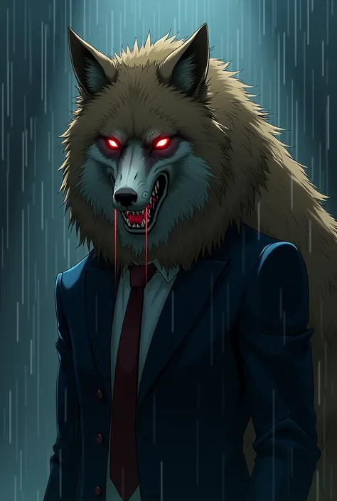 brown fur wolf, with wolf skull mask, with red eyes wearing formal suit, Looking up crying, in the night rain anime style 