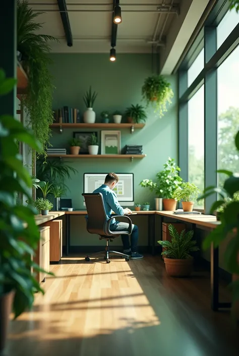 Realistic office in shades of green very close up