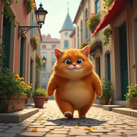 A cute big ginger cat walking down the street with a hungry look on its face