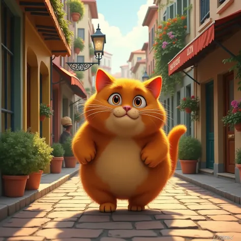 A cute big ginger cat walking down the street with a hungry look on its face