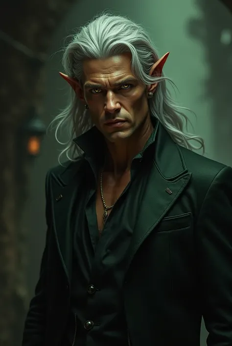 Tiefling male with gray hair and brown skin with one golden eye and one green eye 
