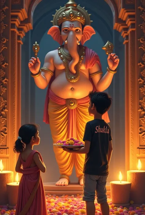 Create an image of jay shukla  a 15 year-old Indian boy, standing in a traditional temple, offering a plate of flowers and sweets to a large statue of Lord Ganesha. He is dressed casually in a black t-shirt with ‘jay shukla’ printed on it. The temple surro...