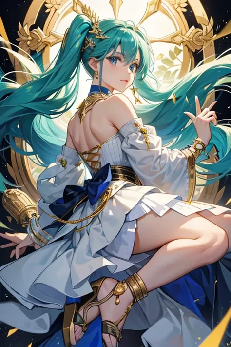 Faruzans mint hair is styled with an X-shaped golden hairpin on the left side, and several golden triangular and X-shaped hairpins on the back side. The locks of hair that mimic twintails hang loose.

Faruzan wears a layered white dress with detached sleev...