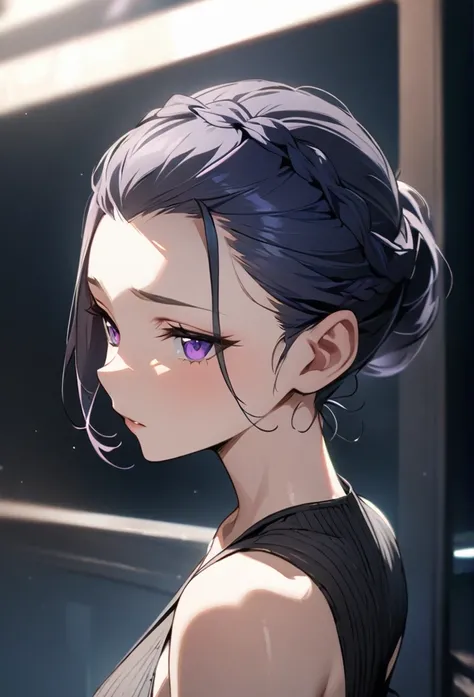 Solo, 1 women, dark blue hair, purple eyes, (((high quality))), masterpiece, detailed face, bangs pulled back,Bangs Pinned Back, Crown Braid, missy hair, beautiful