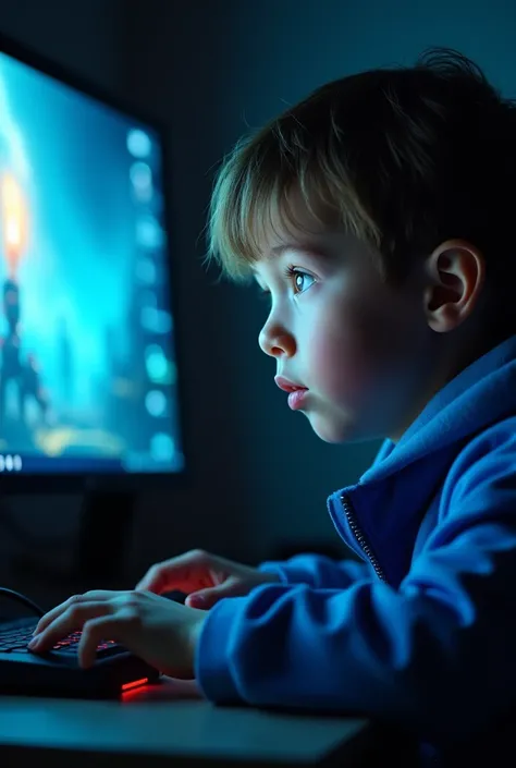  A boy  with blue jacket playing a game in PC in a dark all lights off only PC screen light flex in his face