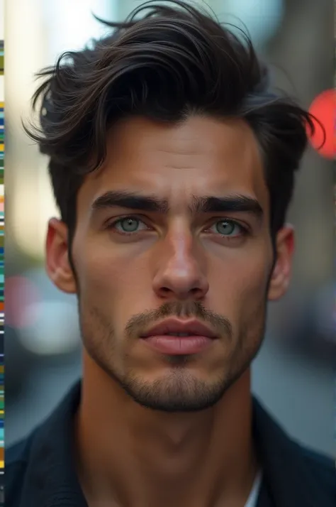 Young Australian man in his 20s with black hair and light grey eyes 