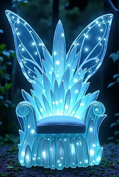 Enchanted chair, throne style, with a seat cushion type cushion, celestial throne type, made of light blue crystals, with firefly lights, with a large backrest in the shape of magical butterfly wings. Designed for your place like an enchanted forest. 
