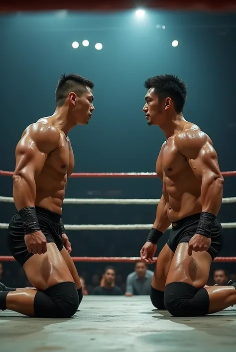 A young Japanese professional wrestler A and a senior Japanese professional wrestler B are in the ring.。They are on the same team。
A is buzzcut and muscular、Wearing short tights。Sweaty。
B is short-haired, muscular, and dark-skinned、Wearing short tights。
A ...