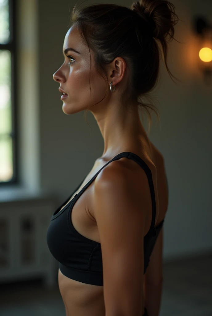 In a quiet gym environment, a brazilian woman doing yoga, wearing a revealing yoga outfit, with a close-up focused on the shape of her breasts and her concentration on the yoga poses, highlighting your inner peace and external beauty.