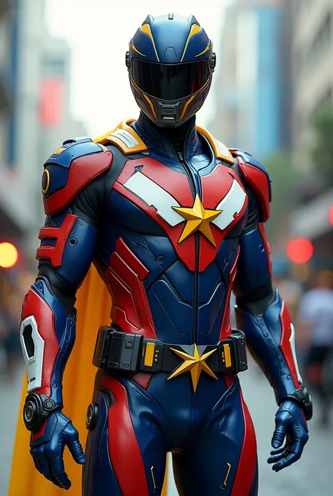 Male,Malaysia Superhero,suit teknology,with helmet mask,the suit red ,white and royal blue and have royal yellow star combined with crescent moon

