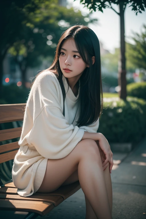 A young Asian woman sitting alone on a park bench, gazing into the distance with a wistful expression, sad, lonely. Soft, dreamy lighting. Cinematic composition. 8k resolution, hyper-realistic style. Cinematic lighting, high detail, 8K, artstation, concept...