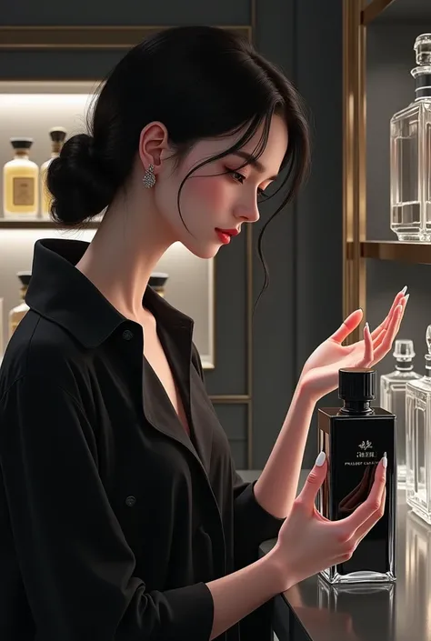 Girl choosing black and white perfume 
