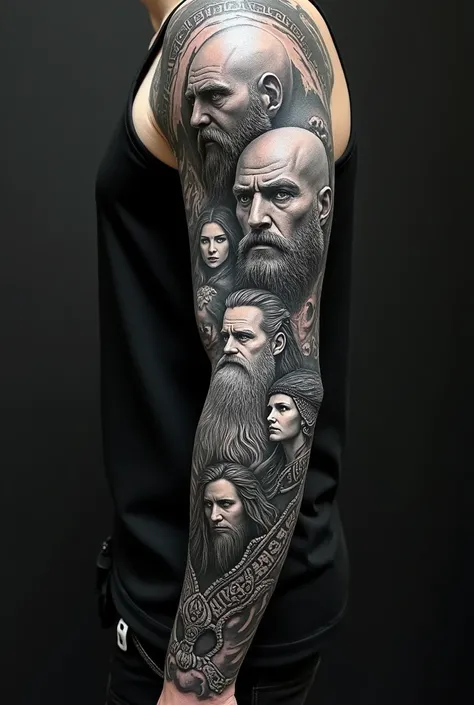 I want a tattoo that represents Nordic mythology in realism only in black for the entire arm