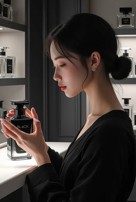 Girl choosing black and white perfume 
