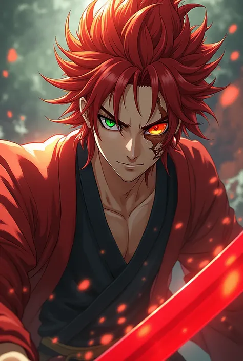 A character from Demon Slayer Who has a scar on his forehead, no left eye, red sword, hair like Kyojuro Rengoku, sun breathing, green eyes, hair 
