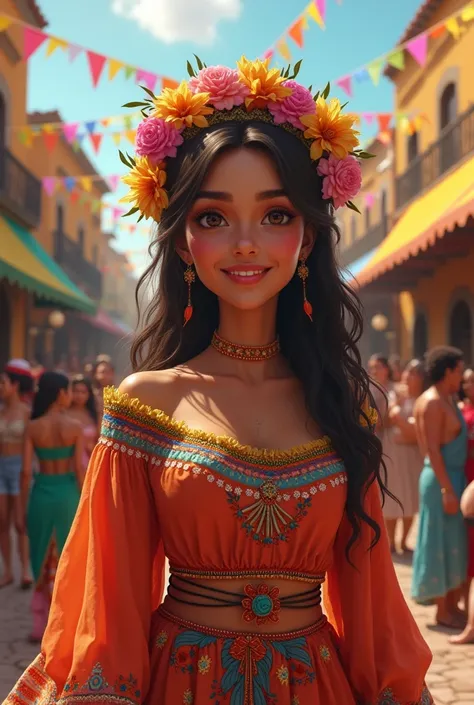 a realistic brown woman in traditional June festival clothing in a Sao Joao feta