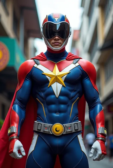 Male,Malaysia Superhero,suit teknology,with helmet mask,the suit red ,white and royal blue and have royal yellow star with crescent moon

