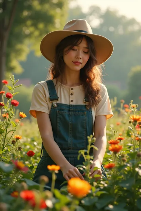 Portray the young woman tending to her garden in the countryside. She is wearing practical 1980s gardening clothes like overalls and a gardening hat. Show her in a serene setting with long shadows from the trees and flowers, emphasizing her connection with...