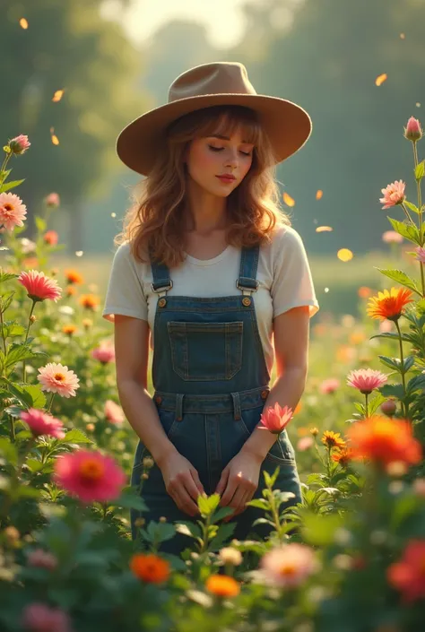 Portray the young woman tending to her garden in the countryside. She is wearing practical 1980s gardening clothes like overalls and a gardening hat. Show her in a serene setting with long shadows from the trees and flowers, emphasizing her connection with...