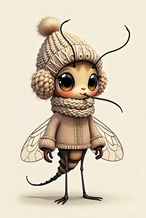 Drawing of a mosquito wearing a woolen cap, a scarf and a blouse