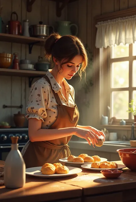 Illustrate the young woman baking in a cozy kitchen of a rural home. She is dressed in traditional 1980s kitchen attire like an apron and a floral blouse. Capture her in a warm, inviting setting with soft lighting that highlights the shadows of the kitchen...