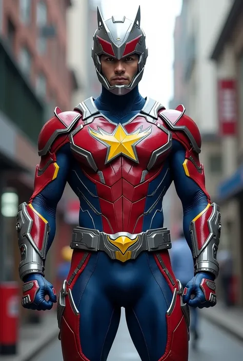 Male,Malaysia Superhero,suit teknology,with helmet mask,the suit red ,white and royal blue and have royal yellow star with crescent moon

