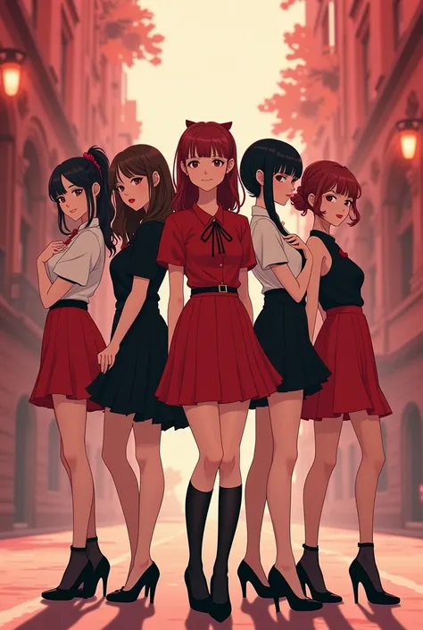 create an animated image,of a kpop group with five members (backwards), one with dark brown hair, another with light brown hair,another one with dark red hair,another one with black hair, and another with black hair tied back. The group is called blackcher...