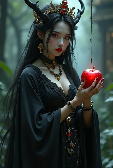 Japanese Girl,Black long hair，Black Queen，accessories，Apple in hand，Poison apples，Witch Queen，Red lipstick