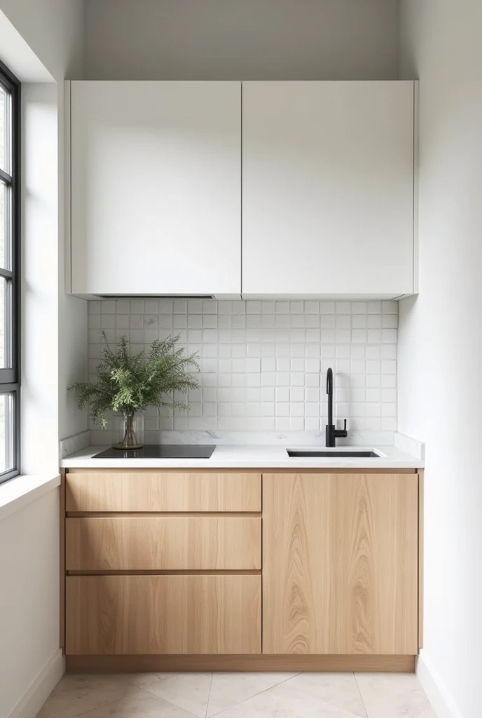 Small kitchen cabinet, white on top and wood on the bottom.

With white marble countertop, sink with tile on the back wall in a 10cm by 10cm square format