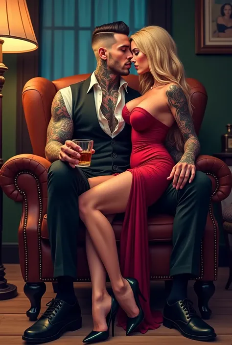 Man sitting in a leather armchair in a night room holding a glass of whiskey. he has tattoos on his neck and arm, His hair is shaved very low in a formal style. He has gray-green eyes and is wearing an elegant designer suit and his white dress shirt has th...