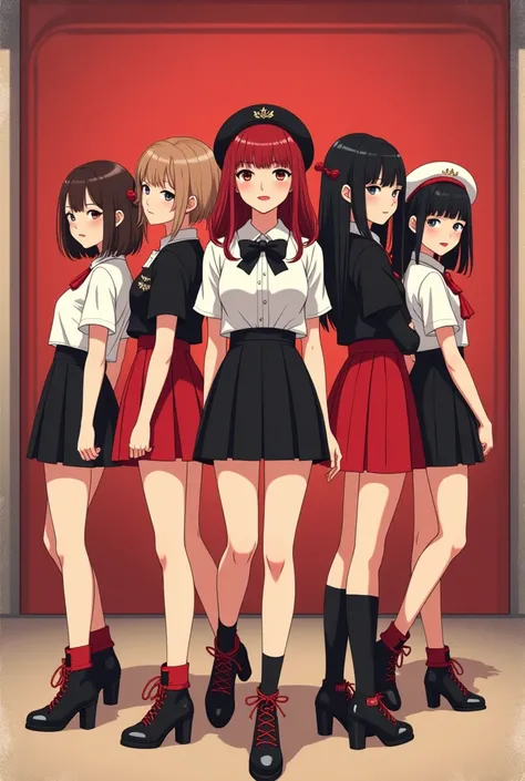 create an animated image,of a kpop group with five members (backwards), one with dark brown hair, another with light brown hair,another one with dark red hair,another one with black hair, and another with black hair tied back. The group is called blackcher...