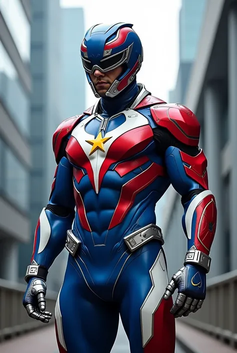 Male,Malaysia Superhero,suit teknology,with helmet mask,the suit red ,white and royal blue and have royal yellow star with crescent moon,and have small kris emblem at forehead

