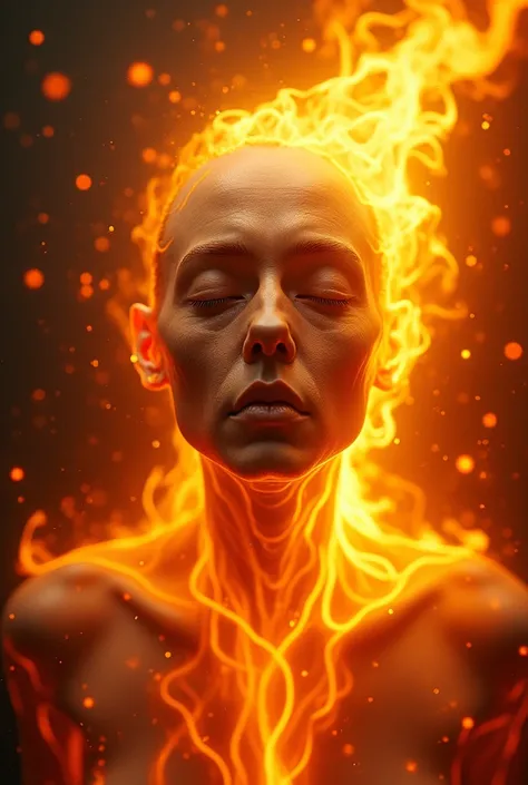 thin face, eyes closed, fire around the face, power enveloping the image, realistic, high quality, particles coming out all over the image, flames everywhere, high quality, 4k