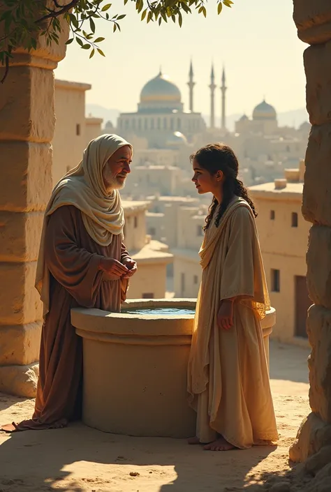 Create a young girl dressed in biblical-style robes talking to an old woman at a well in a village in Jerusalem in biblical times 